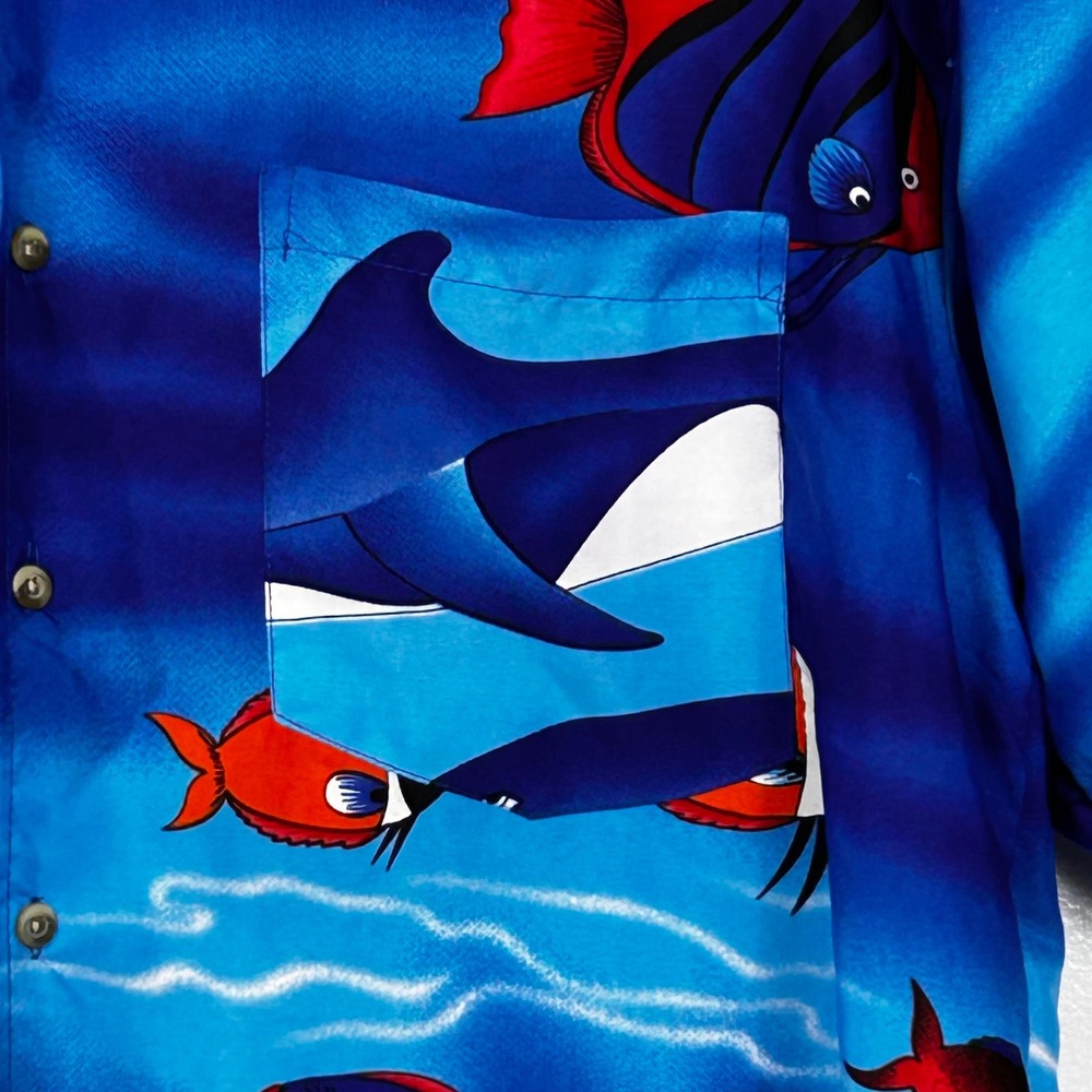 Cromer Resortwear Button Down Shirt Mens L Blue Tropical Fish Dolphin Hawaiian - Picture 3 of 9